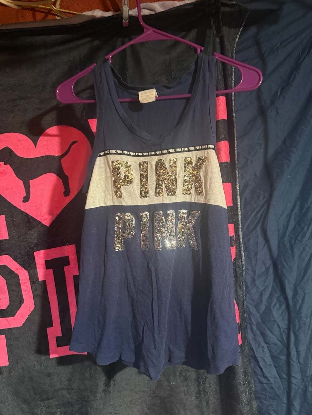 Victoria's Secret PINK Sequin Logo Tank Top Navy Blue Size XS